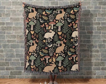 Forest Flora Woven Blanket: Woodland Animals, Nature Home Decor