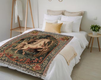 Victorian Unicorn Fairycore Blanket | Fairytale Decor Cottagecore Style Fairycore Aesthetic Woven Tapestry Folklore Romantic Forest Mystical