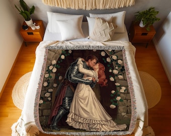 Manta romántica medieval para pareja, caballero y princesa abrazándose, tejida, con diseño de historia de amor fantástica, Princesscore - Decoración para el hogar Fairycore