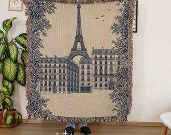 Vintage Paris Woven Blanket World Travel Decor European Landmark Tapestry Gift for Travel Lovers Wanderlust Travelers Parisian Home Decor