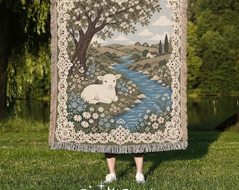 Sheep Blanket Lamb Tapestry Cottagecore Decor Farmhouse Throw Pastoral Countryside Farm Animal Woven Blanket Floral Meadow Woodland Nature