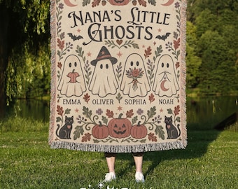 Nana's Little Ghosts Woven Blanket • Custom Grandkids Name Halloween Throw • Personalized Grandma Gift • Fall Ghost Pumpkin Cozy Decor