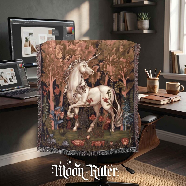 Unicorn Forest Woven Blanket, Medieval Floral Tapestry Throw, Cottagecore Mythical Unicorn Blanket, Vintage Fantasy Botanical Home Decor image 13