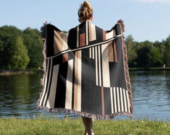 Earthy Stripe Blanket Abstract Rustic Throw Modern Couple Bedroom Decor Warm Neutral Bed Woven Cover Organic Living Room Styling Cabin
