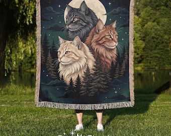 Cats Woven Blanket Vintage Cat Moon Cozy Cotton Blanket Boho Forestcore Animal Tapestry Gift for Cat Lovers Mystic Cottagecore House Decor