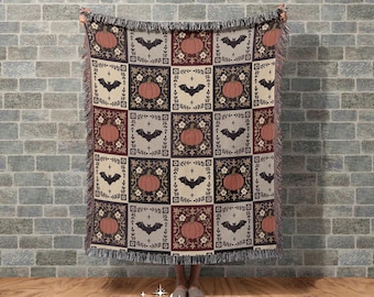 Wimsigothic Purple Bat Pumpkin Throw Light Academia Witchy Decor | Boho Fairycore Decor Whimsical Pastel Halloween Aesthetic Woven Blanket