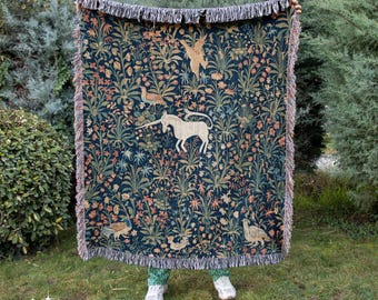 Unicorn Millefleur, Medieval Art Woven Blanket, Wall Tapestry, Large Throw, 50in X 60in