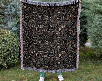 Black Botanical Woven Blanket, Vintage Floral Pattern, Moody Nature Art, Elegant Earth Tones Throw