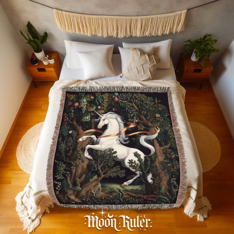 Medieval Unicorn Woven Blanket, Mystical Forest Tapestry Throw, Cottagecore Fantasy Blanket, Vintage Mythical Unicorn Dark Green Decor image 12