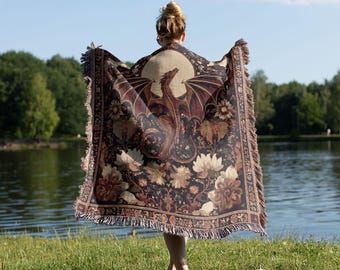 Medieval Dragon Woven Blanket, Dragon Cottagecore Tapestry Throw, Mythical Home Decor, Dark Academia Cotton Bed Cover, Fantasy Lover Gift