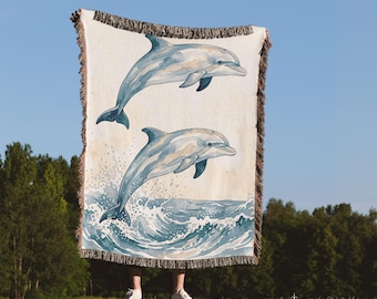 Dolphins Woven Blanket Boho Vintage Sea Animals Cozy Blanket Retro Sea Life Tapestry Gift for Ocean Lovers Oceanic Beach House Decor