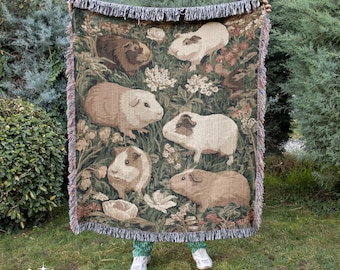 Manta tejida con diseño de conejillo de indias - 100% algodón - Tapiz floral botánico