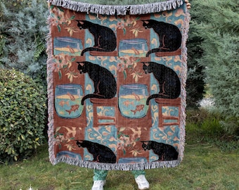 Henri Matisse Arte de pared Gato negro Manta tejida Tapiz de arte moderno Amante de los gatos negros Decoración abstracta de gatos, Manta moderna de mediados de siglo