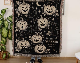 Custom Family Name Halloween Woven Blanket • Personalized Black Cat Pumpkin Throw • Vintage Fall Home Decor • Housewarming Gift Cat Lover