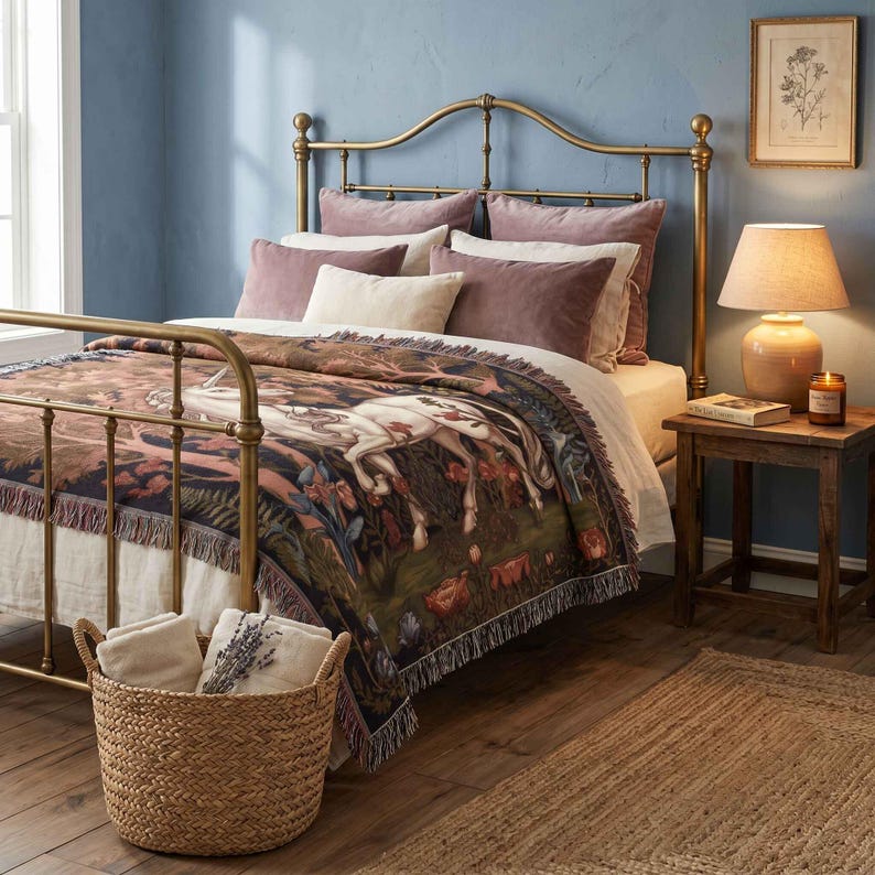 May include: A brass metal bed frame with a woven throw blanket featuring a white unicorn in a forest scene. The bed is dressed with mauve and cream pillows. A round woven basket containing folded cream linens sits in the foreground.
