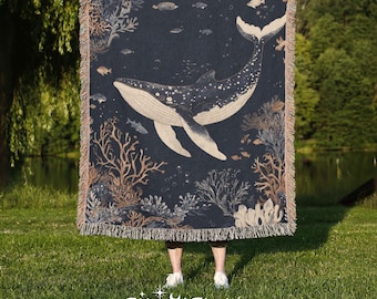 Ocean Whale Woven Blanket 100% Cotton - Underwater Marine Art Throw, Cottagecore Tapestry