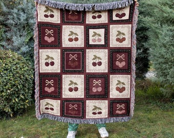 Cute Trendy Cherry Woven Blanket | Indie Bedroom Red Mauve Retro Tapestry Maximalist Aesthetic Bedroom Coverlet Vintage Girly Gothic Throw |