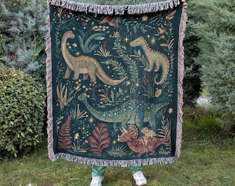 Manta tejida de dinosaurio 100 % algodón: manta infantil verde y amarilla con temática prehistórica y flecos en los bordes, tapiz cottagecore.