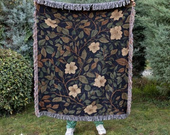 Woven Blanket Vintage Floral Pattern | Dark Academia Green Cottagecore Throw