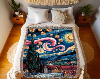 Colorful Starry Night Inspired Woven Blanket Whimsical Village Art Unique Gift Van Gogh Inspired Throw Blanket Cozy Artistic Bedroom Decor