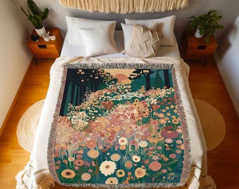 Manta tejida con diseño de la granja y el jardín de Gustav Klimt, manta floral inspirada en Klimt, manta de arte floral, regalo acogedor para la decoración del hogar, manta floral para amantes de Klimt.