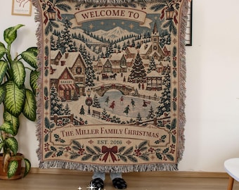 Custom Family Name Christmas Woven Blanket • Personalized Vintage Village Throw • Nostalgic Holiday Home Decor • Christmas Gift Mom Family