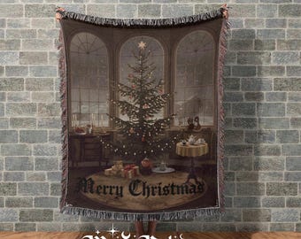 Navidad gótica, tapiz tejido de árbol de Navidad, tapiz tejido de manta de invierno, pintura vintage de árbol de Navidad, decoración navideña de paisaje nevado