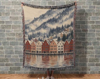 Bergen Norway Woven Blanket | Nordic tapestry for home decor | Scandinavian style throw blanket | Norwegian Art Gift for Housewarming