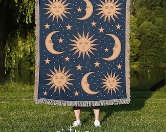 Celestial Woven Blanket: Whimsigoth Starry Tapestry, 100% Cotton