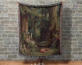 Sleeping Fox Woven Blanket: Cottagecore Forest Tapestry, Rustic Wall Decor