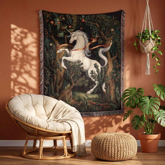 Medieval Unicorn Woven Blanket, Mystical Forest Tapestry Throw, Cottagecore Fantasy Blanket, Vintage Mythical Unicorn Dark Green Decor