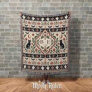 Custom Initials Halloween Woven Blanket • Personalized Couple Monogram Throw • Folk Sampler Ghost Black Cat Decor • Anniversary Gift Her