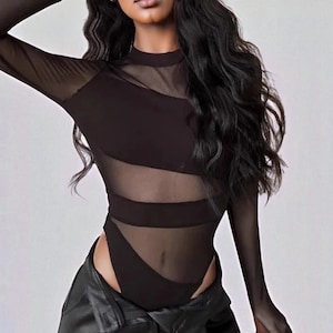 Fishnet Bodysuit Sheer Black, Women&#39;s Hollow Mesh Jumpsuit, Sheer mesh bodysuit, Long Sleeve Black Bodysuit with Cutout Detail