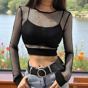 Black Sheer Mesh Crop Top, Long sleeve fishnet top, Mesh rave outfit, Mesh Crop Top, Llong sleeve rave crop top black, Gift For Her