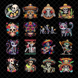 シンコ・デ・マヨのスケルトン PNG バンドル、メキシコの死者の日 PNG、面白いフィエスタ スカル アート昇華、デジタル ダウンロード クリップアート