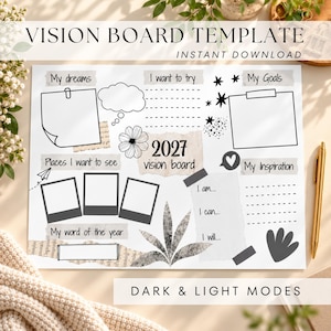Puede incluir: Una plantilla de tablero de visión 2027 con gráficos en blanco y negro, que incluye marcos de fotos vacíos, secciones de notas, una burbuja de pensamiento y etiquetas de texto como My dreams, My Goals y My Inspiration sobre fondo blanco.