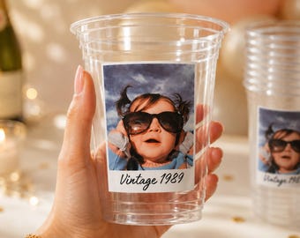 Personalisierte Fotobecher, individuelle Gesichter, Partybecher aus Kunststoff (473 ml), Geburtstagsbecher mit Foto, Vintage-Jahresbecher, Fotogeburtstagsbecher, Geburtstagsdekoration