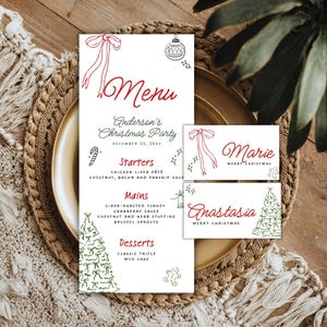 May include: A Christmas party menu and place cards with a festive design. The menu features a red script font with a bow illustration. Place cards include names and "Merry Christmas" text, with a Christmas tree and bow illustrations.