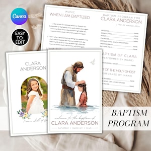 May include: A baptism program set featuring a photo of a young girl, a watercolor illustration of a baptism, and a program with text. The program includes the text "Baptism Program for Clara Anderson" and "When I am Baptized".