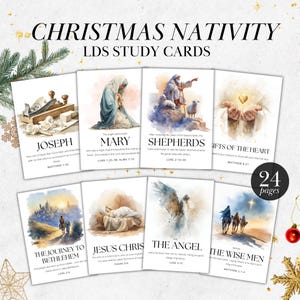 May include: A set of 24 Christmas Nativity LDS study cards featuring watercolor illustrations of biblical scenes including Joseph, Mary, shepherds, and the wise men. Each card displays a title, scripture reference, and descriptive text.
