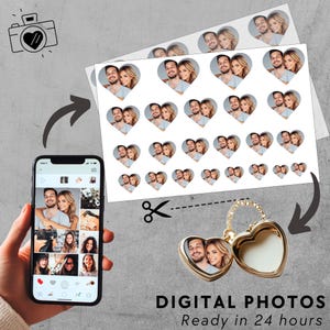 May include: A digital photo service for creating custom heart-shaped photo stickers. The image shows a phone with a collage of photos, a sheet of heart-shaped stickers with photos, and a pair of gold heart-shaped lockets with photos. The text "DIGITAL PHOTOS Ready in 24 hours" is at the bottom of the image.