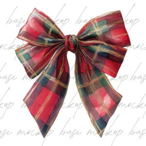 May include: A watercolour illustration of a large decorative bow. The bow has a classic plaid pattern in red, green, and gold. The bow is tied in the centre with long, flowing tails.