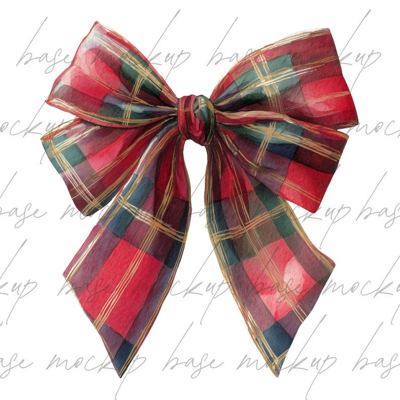 May include: A watercolour illustration of a large decorative bow. The bow has a classic plaid pattern in red, green, and gold. The bow is tied in the centre with long, flowing tails.