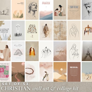 Op de afbeelding: Een verzameling van 53 christelijke wandkunstprints en een collagekit. De kunst bevat illustraties van Jezus, kruisen en inspirerende citaten. Het kleurenpalet omvat beige, bruine en roze tinten. De tekst bevat "PRAYER", "PROVE THE LORD", "HOPE anchors THE SOUL" en "REVIVAL".