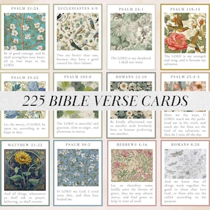 May include: A collection of 225 Bible verse cards. Each card features a different verse with floral and nature-themed backgrounds in various colors, including blue, green, and red. The cards are rectangular and arranged in a grid.