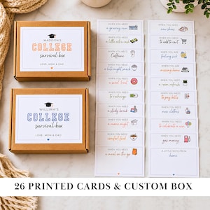 May include: Two brown cardboard boxes labeled College Survival Box with custom names and twenty-six white rectangular cards featuring colorful icons and text prompts for various college life scenarios, including grocery runs, caffeine, and study breaks.