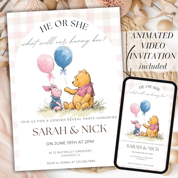 Gender Reveal Invite Template Gender Reveal Winnie the Pooh Invitation Pink or Blue Gender Reveal Video Animated Invite Gender Reveal GV1