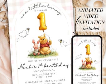 Winnie the Pooh 1st Birthday Invitation Winnie Pooh Invitation Pooh Bear Video Invitation OurLittle Honey Birthday Invite Animated Video GV2