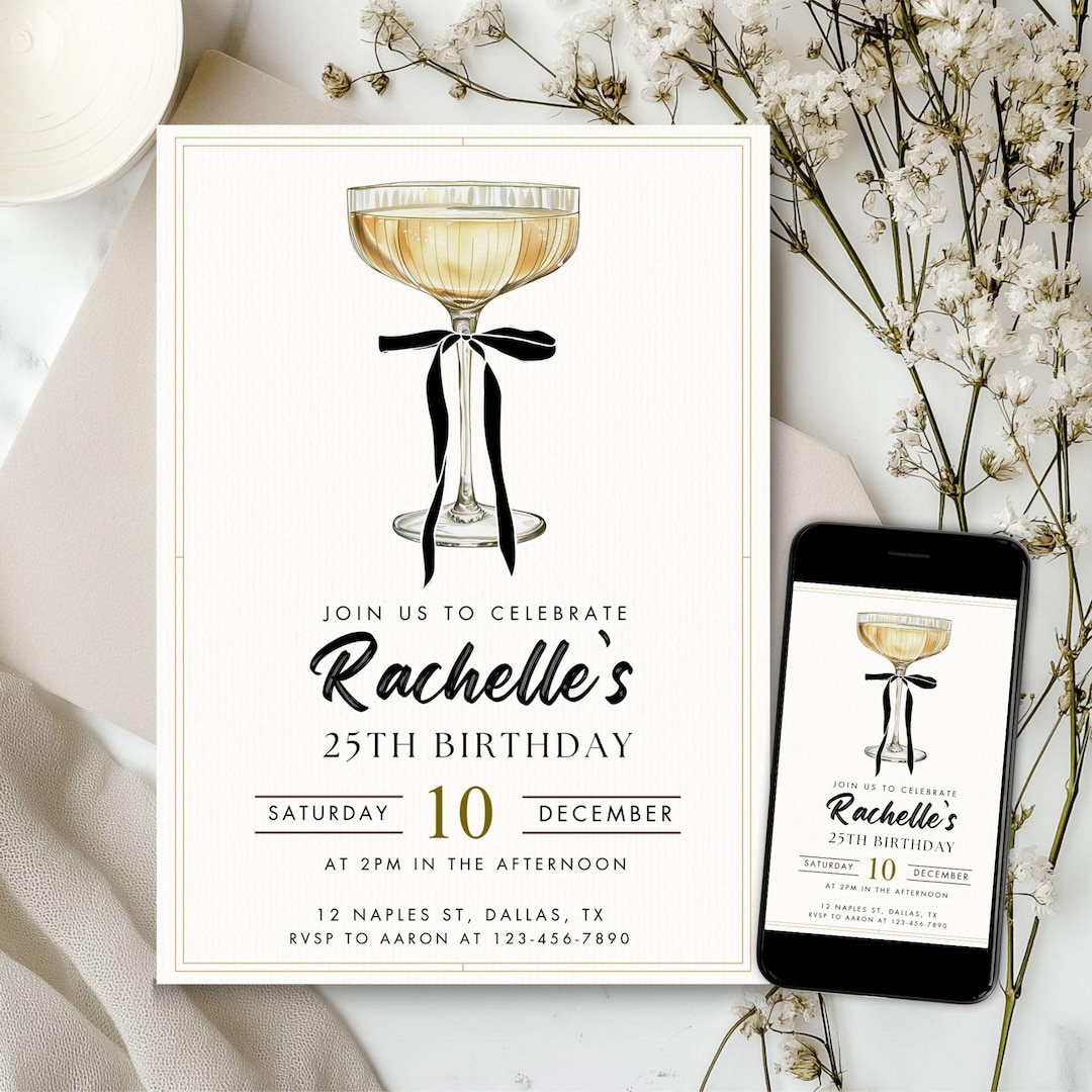 Champagne Coupe Birthday Invitation Template 5x7 Black Bow Minimal