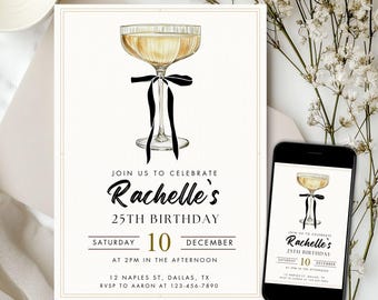 Champagne Coupe Birthday Invitation Template 5x7 Black Bow Minimal Party Invite Champagne Birthday Invitation Milestone Birthday Invite Girl